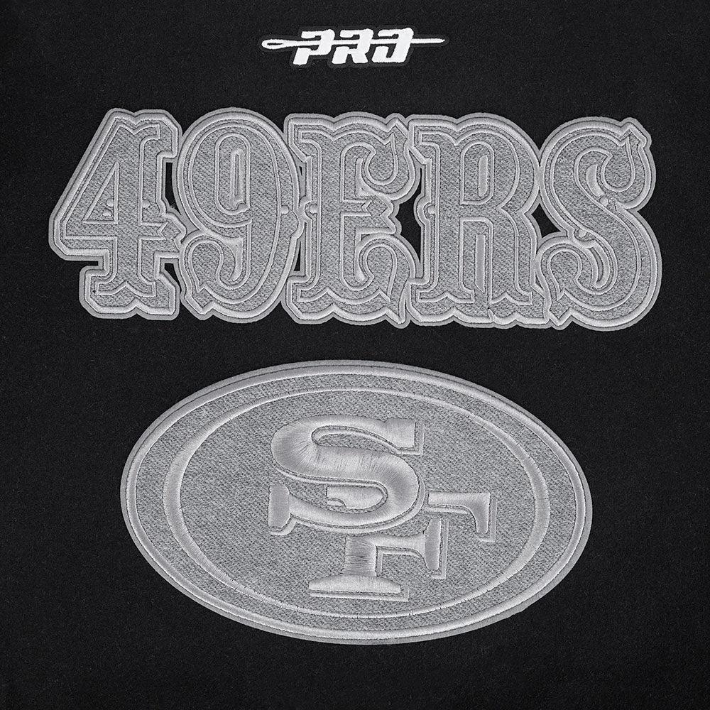 NFL SAN FRANCISCO 49ERS REVERSE FRENCH TERRY MEN'S COLOR BLOCK WOOL VARSITY JACKET (BLACK/GRAY/EGGSHELL)