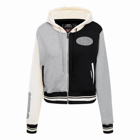 NFL SAN FRANCISCO 49ERS REVERSE FRENCH TERRY WOMEN'S COLOR BLOCK FLEECE FULL ZIP HOODIE (BLACK/GRAY/EGGSHELL)