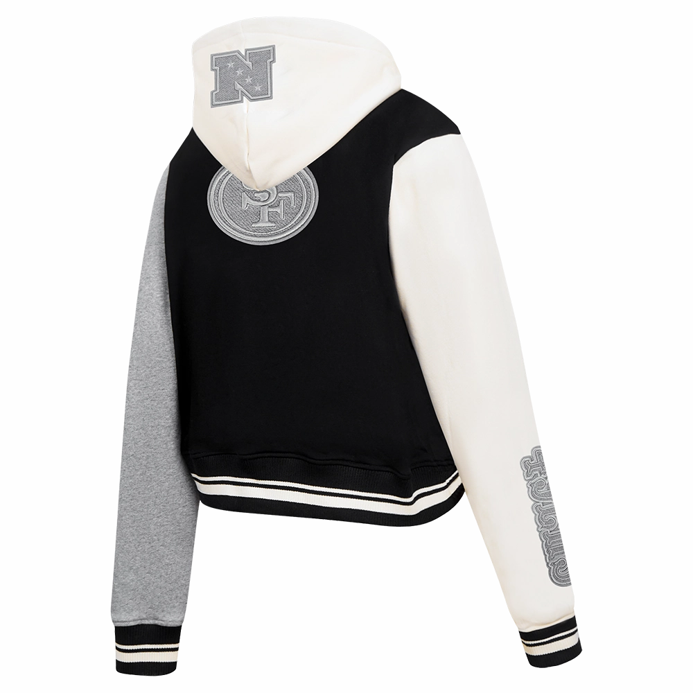 NFL SAN FRANCISCO 49ERS REVERSE FRENCH TERRY WOMEN'S COLOR BLOCK FLEECE FULL ZIP HOODIE (BLACK/GRAY/EGGSHELL)