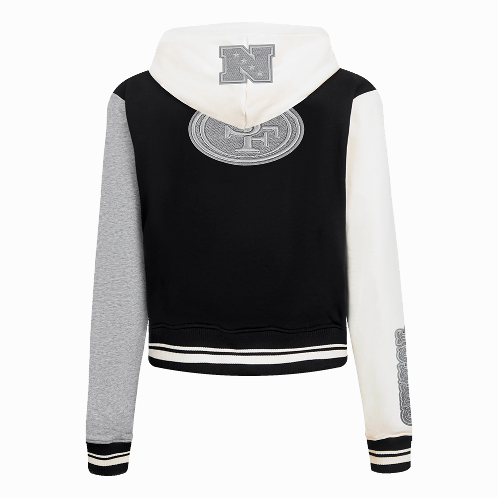 NFL SAN FRANCISCO 49ERS REVERSE FRENCH TERRY WOMEN'S COLOR BLOCK FLEECE FULL ZIP HOODIE (BLACK/GRAY/EGGSHELL)