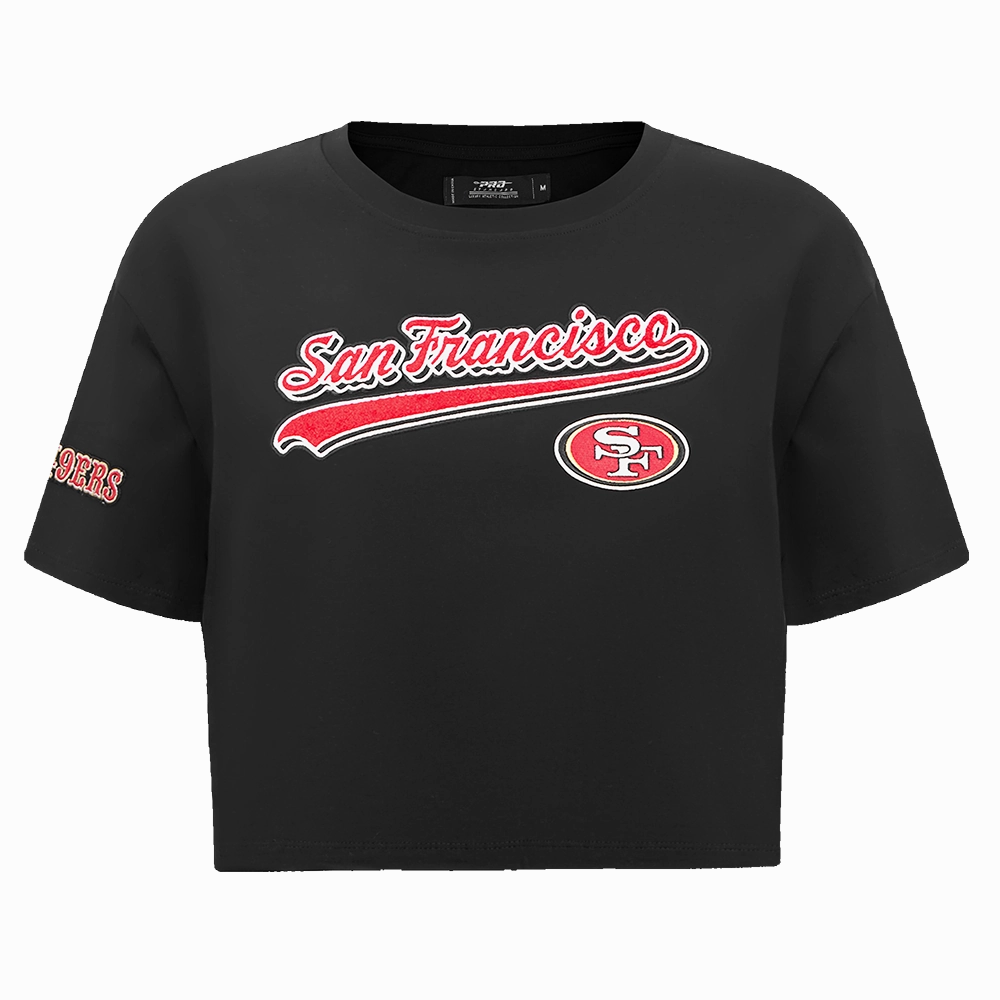 NFL SAN FRANCISCO 49ERS SCRIPT TAIL WOMEN'S SINGLE JERSEY BOXY TEE (BLACK)