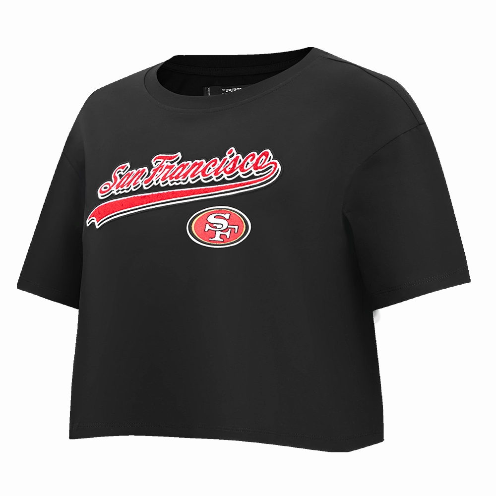 NFL SAN FRANCISCO 49ERS SCRIPT TAIL WOMEN'S SINGLE JERSEY BOXY TEE (BLACK)
