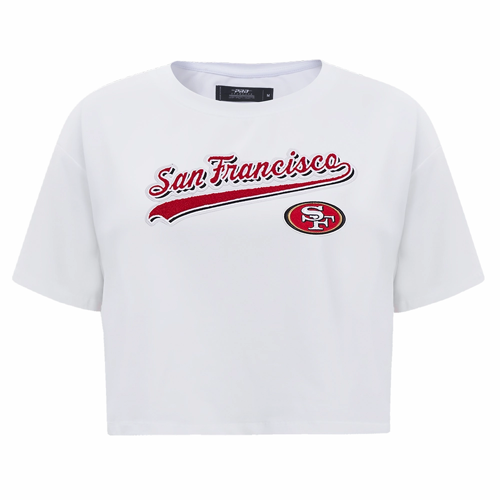 NFL SAN FRANCISCO 49ERS SCRIPT TAIL WOMEN'S SINGLE JERSEY BOXY TEE (WHITE)
