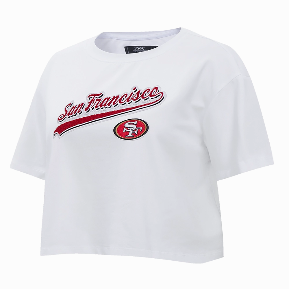 NFL SAN FRANCISCO 49ERS SCRIPT TAIL WOMEN'S SINGLE JERSEY BOXY TEE (WHITE)