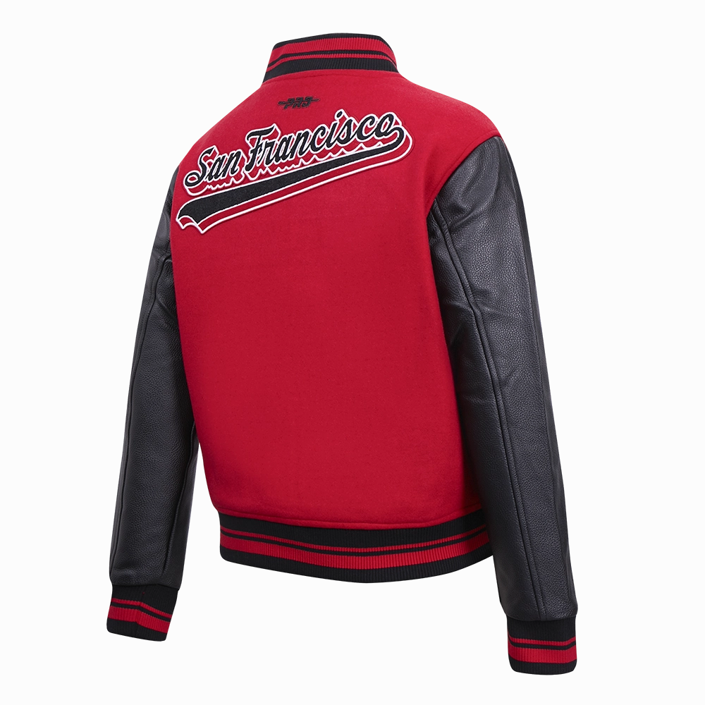 NFL SAN FRANCISCO 49ERS SCRIPT TAIL WOMEN'S WOOL VARSITY JACKET (RED/BLACK)