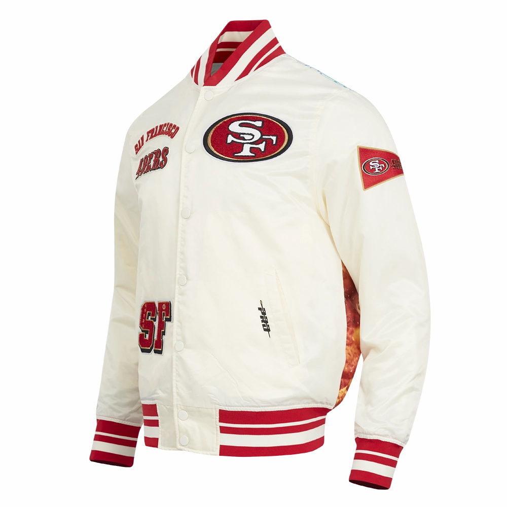 NFL SAN FRANCISCO 49ERS SUBLIMATED MEN'S SATIN JACKET-WHITE (EGGSHELL/ RED)