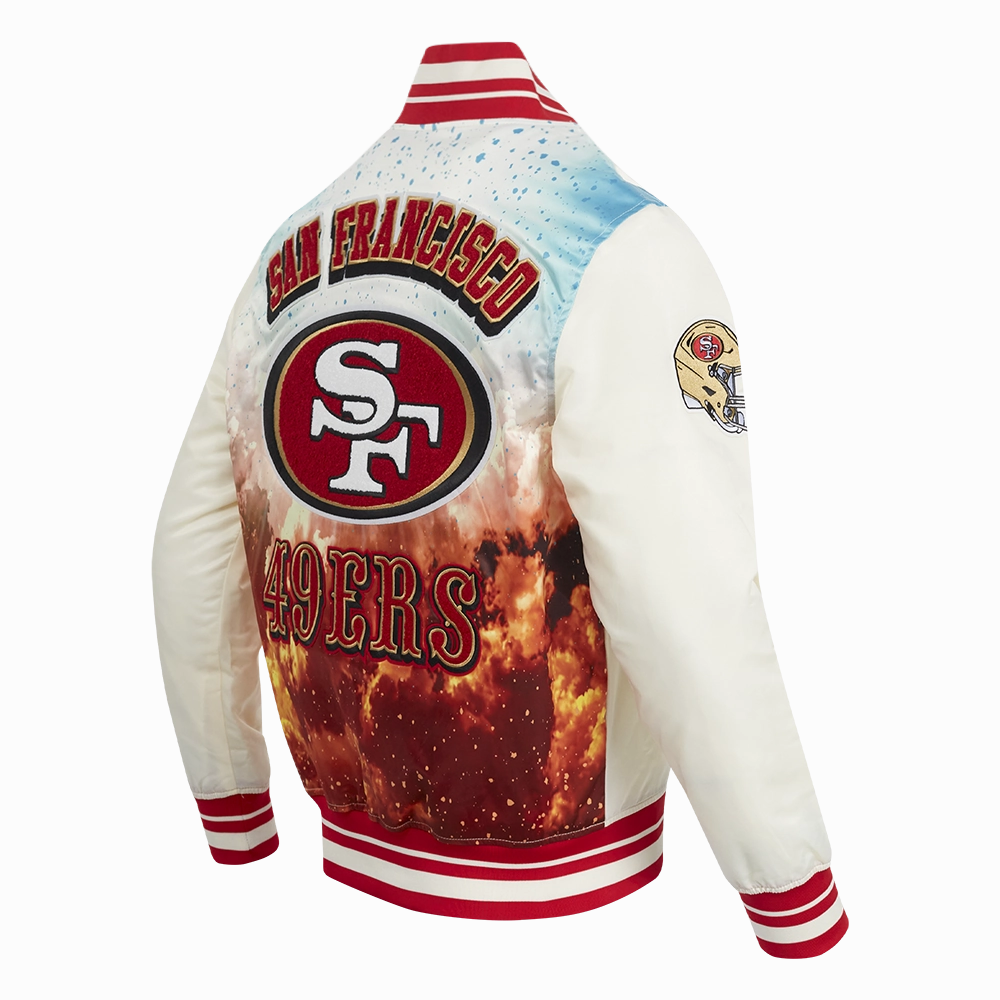 NFL SAN FRANCISCO 49ERS SUBLIMATED MEN'S SATIN JACKET-WHITE (EGGSHELL/ RED)