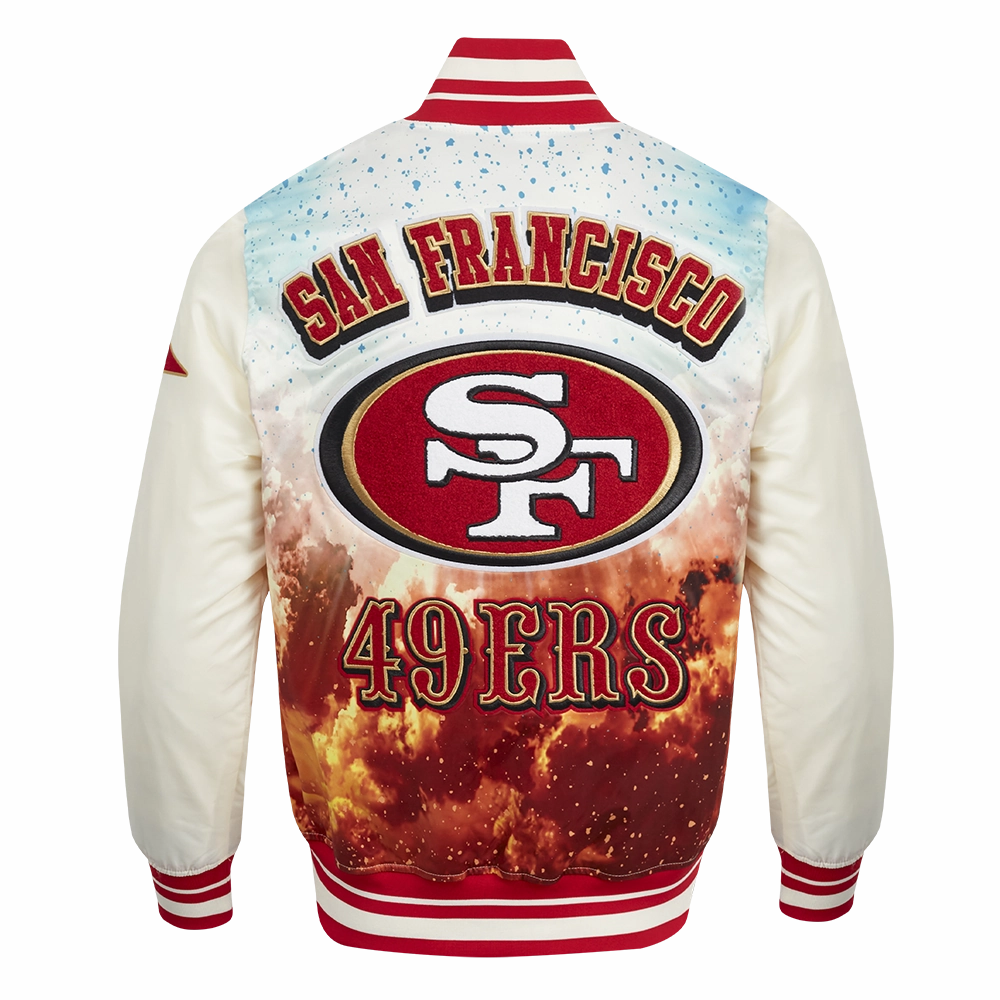 NFL SAN FRANCISCO 49ERS SUBLIMATED MEN'S SATIN JACKET-WHITE (EGGSHELL/ RED)