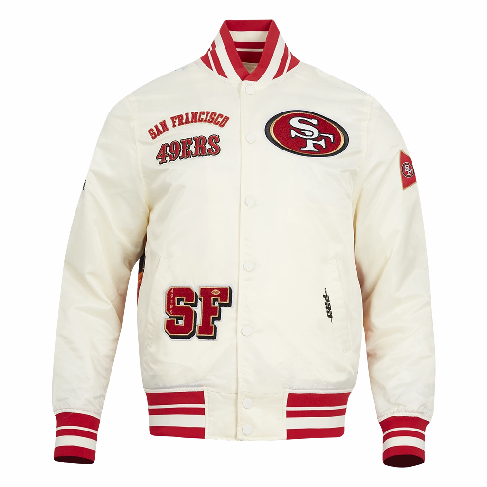 NFL SAN FRANCISCO 49ERS SUBLIMATED MEN'S SATIN JACKET-WHITE (EGGSHELL/ RED)