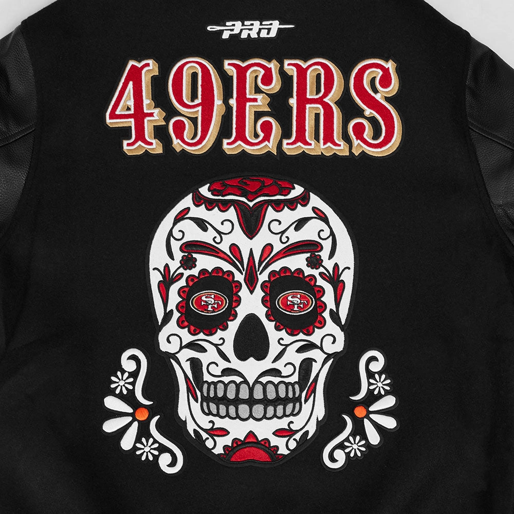 NFL SAN FRANCISCO 49ERS SUGAR SKULL MEN'S RIB WOOL VARSITY JACKET (BLACK/RED/BLACK)