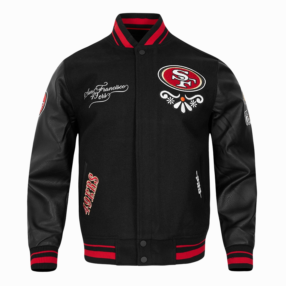 NFL SAN FRANCISCO 49ERS SUGAR SKULL MEN'S RIB WOOL VARSITY JACKET (BLACK/RED/BLACK)
