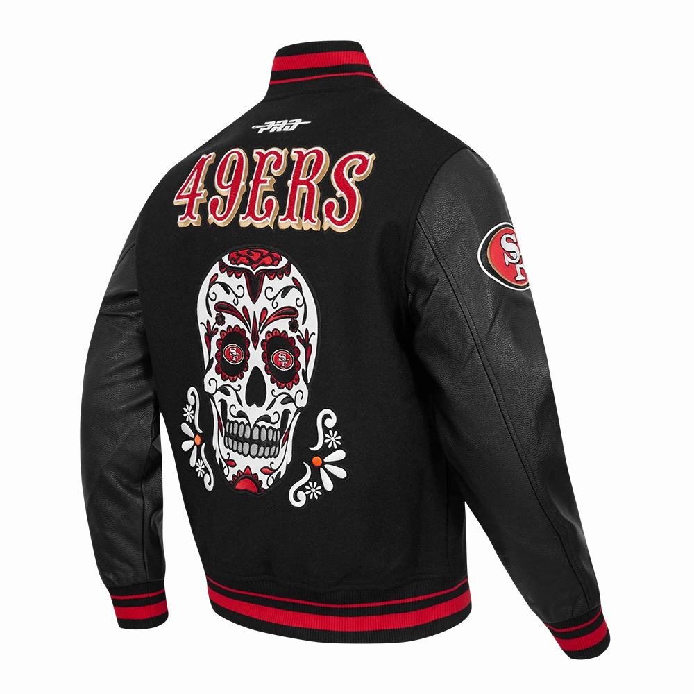 NFL SAN FRANCISCO 49ERS SUGAR SKULL MEN'S RIB WOOL VARSITY JACKET (BLACK/RED/BLACK)