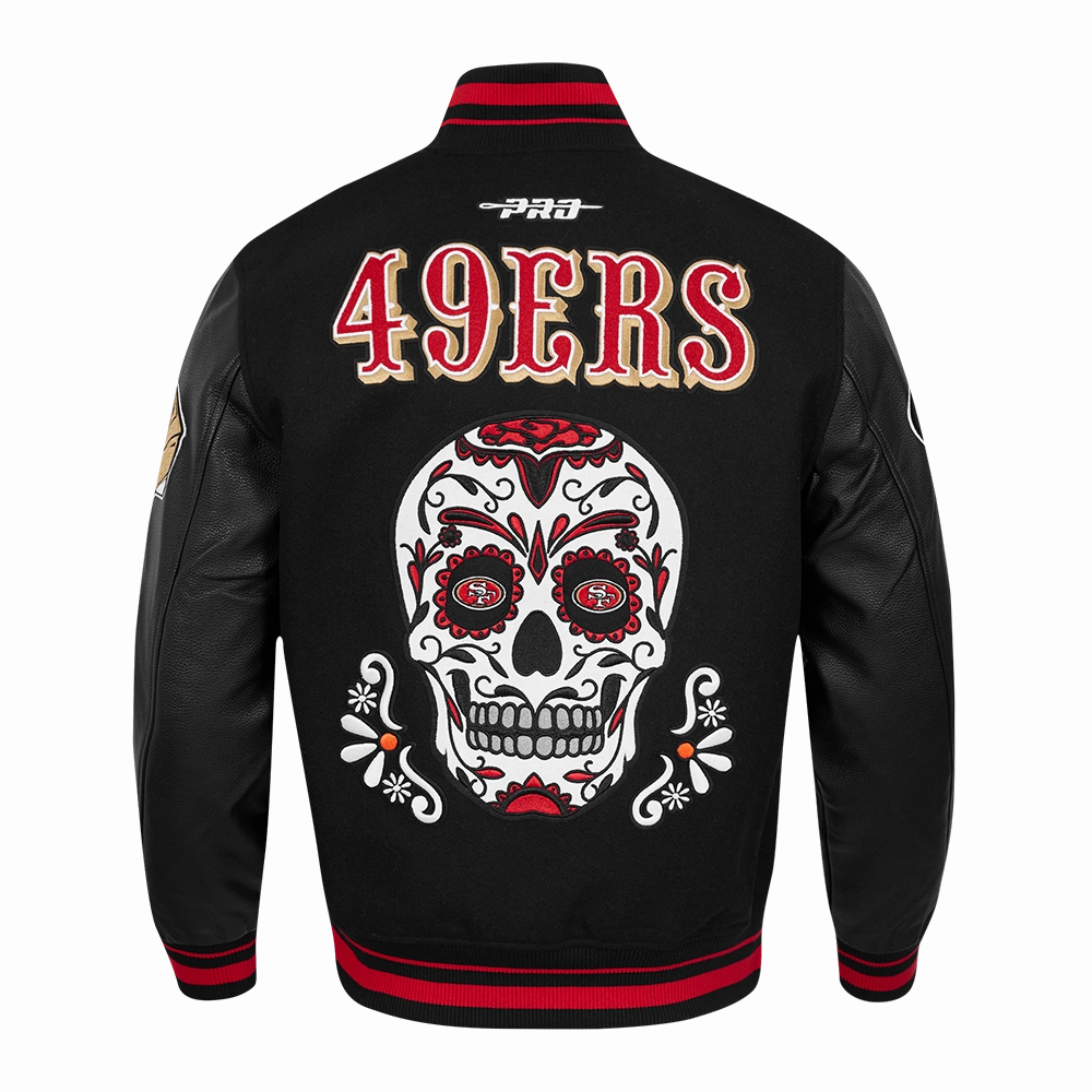 NFL SAN FRANCISCO 49ERS SUGAR SKULL MEN'S RIB WOOL VARSITY JACKET (BLACK/RED/BLACK)