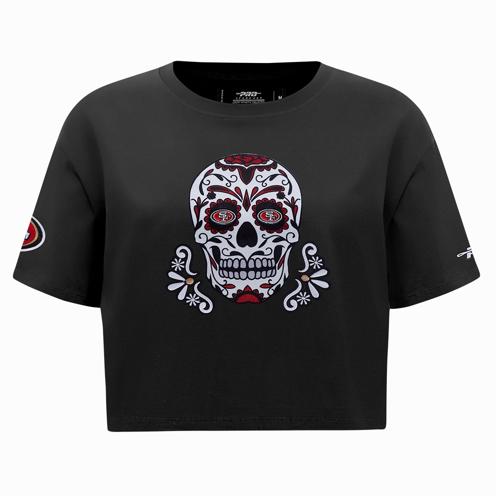 NFL SAN FRANCISCO 49ERS SUGAR SKULL WOMEN'S SINGLE JERSEY BOXY TEE (BLACK)