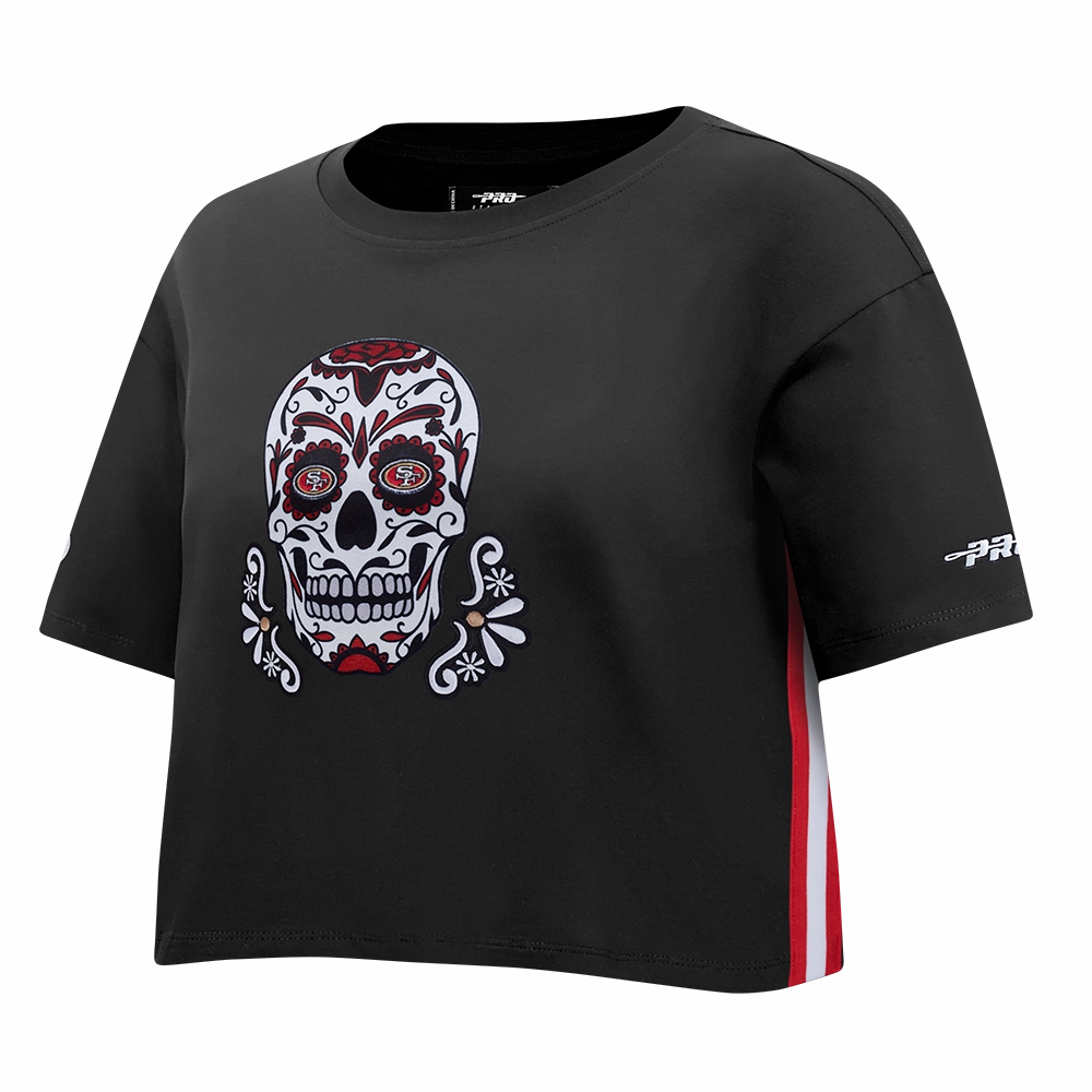 NFL SAN FRANCISCO 49ERS SUGAR SKULL WOMEN'S SINGLE JERSEY BOXY TEE (BLACK)
