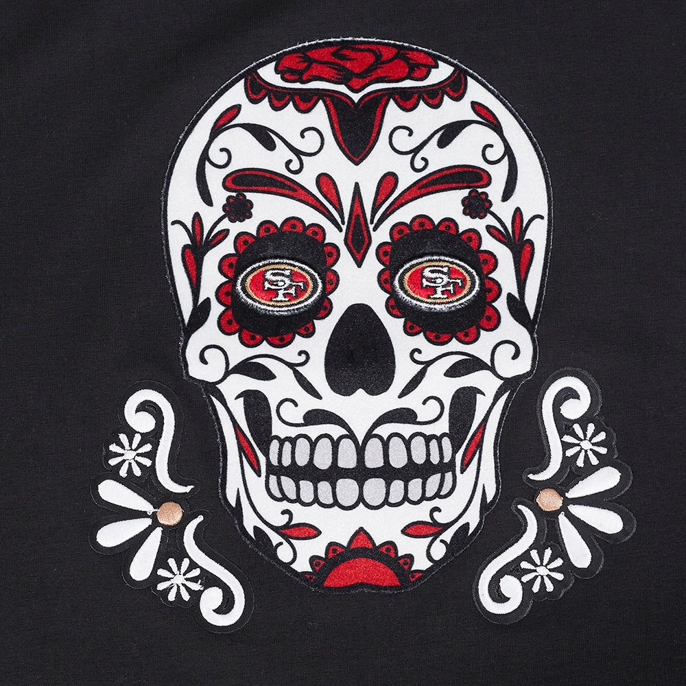 NFL SAN FRANCISCO 49ERS SUGAR SKULL WOMEN'S SINGLE JERSEY BOXY TEE (BLACK)