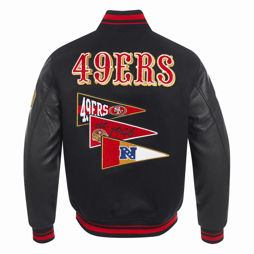 NFL SAN FRANCISCO 49ERS TEAM PENNANTS MEN'S RIB WOOL VARSITY JACKET (BLACK/RED/BLACK)