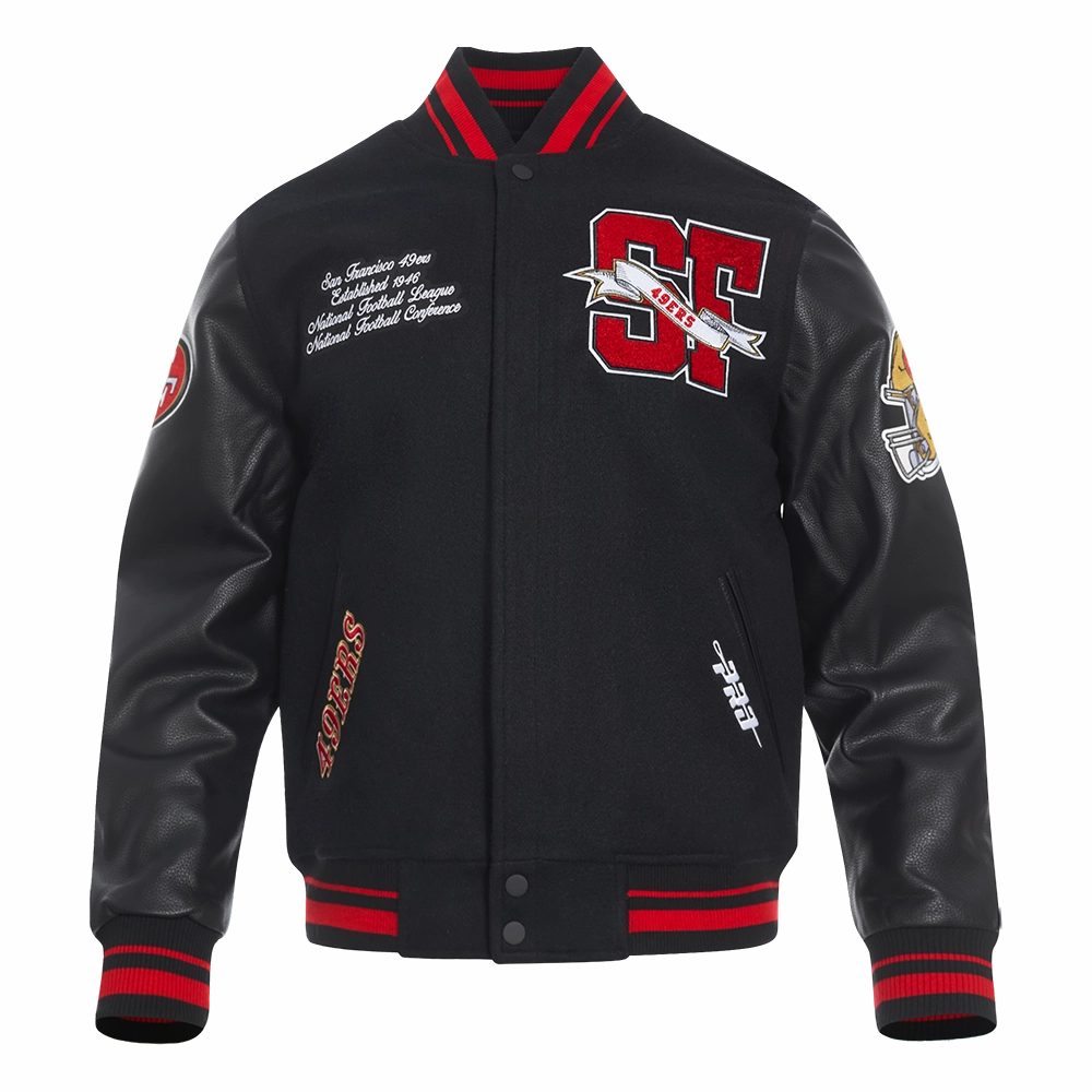 NFL SAN FRANCISCO 49ERS TEAM PENNANTS MEN'S RIB WOOL VARSITY JACKET (BLACK/RED/BLACK)