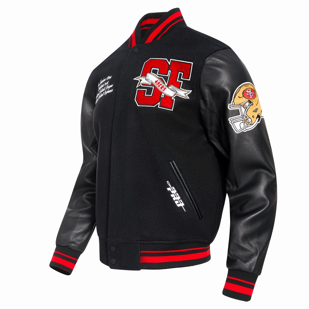 NFL SAN FRANCISCO 49ERS TEAM PENNANTS MEN'S RIB WOOL VARSITY JACKET (BLACK/RED/BLACK)