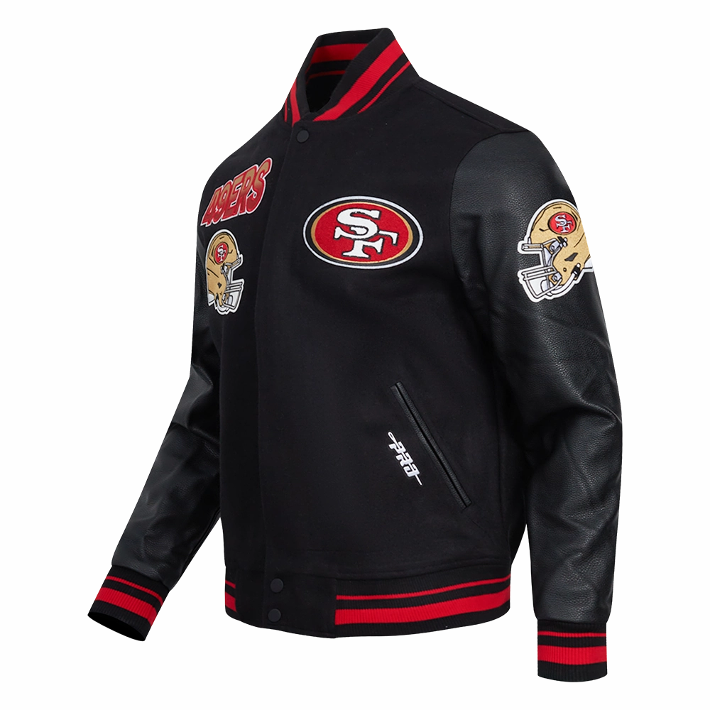 NFL SAN FRANCISCO 49ERS TURN IT UP MEN'S RIB WOOL VARSITY JACKET (BLACK/RED/BLACK)
