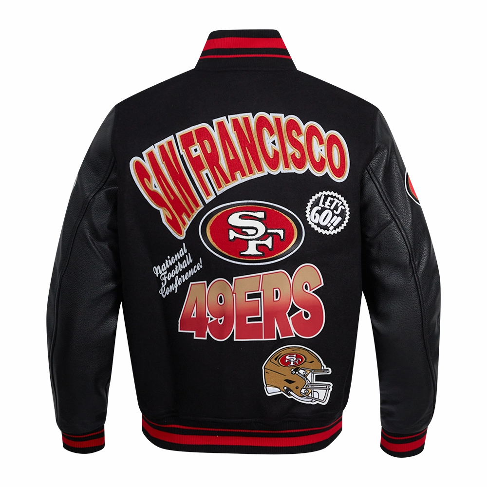 NFL SAN FRANCISCO 49ERS TURN IT UP MEN'S RIB WOOL VARSITY JACKET (BLACK/RED/BLACK)