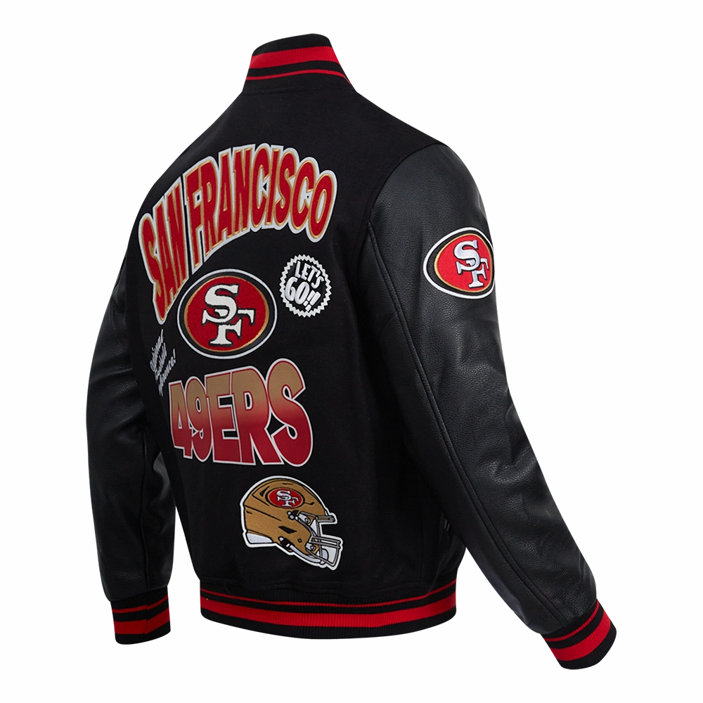NFL SAN FRANCISCO 49ERS TURN IT UP MEN'S RIB WOOL VARSITY JACKET (BLACK/RED/BLACK)
