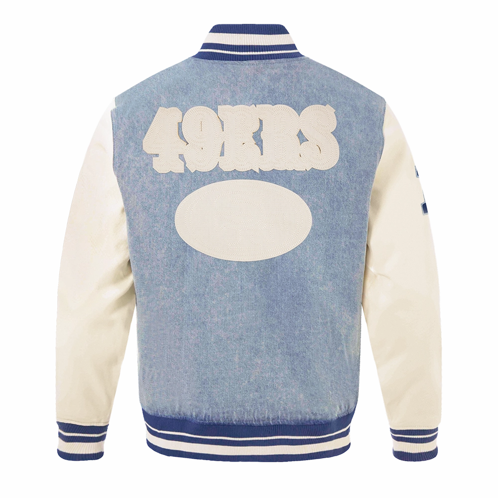 NFL SAN FRANCISCO 49ERS VARSITY BLUES MEN'S DENIM VARSITY JACKET (DENIM/LINEN)