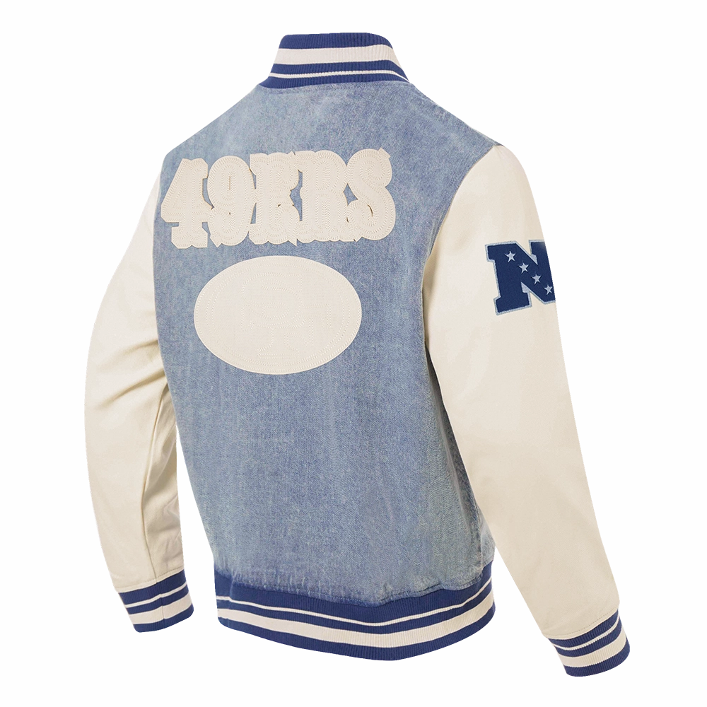 NFL SAN FRANCISCO 49ERS VARSITY BLUES MEN'S DENIM VARSITY JACKET (DENIM/LINEN)