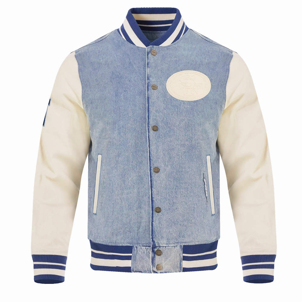 NFL SAN FRANCISCO 49ERS VARSITY BLUES MEN'S DENIM VARSITY JACKET (DENIM/LINEN)
