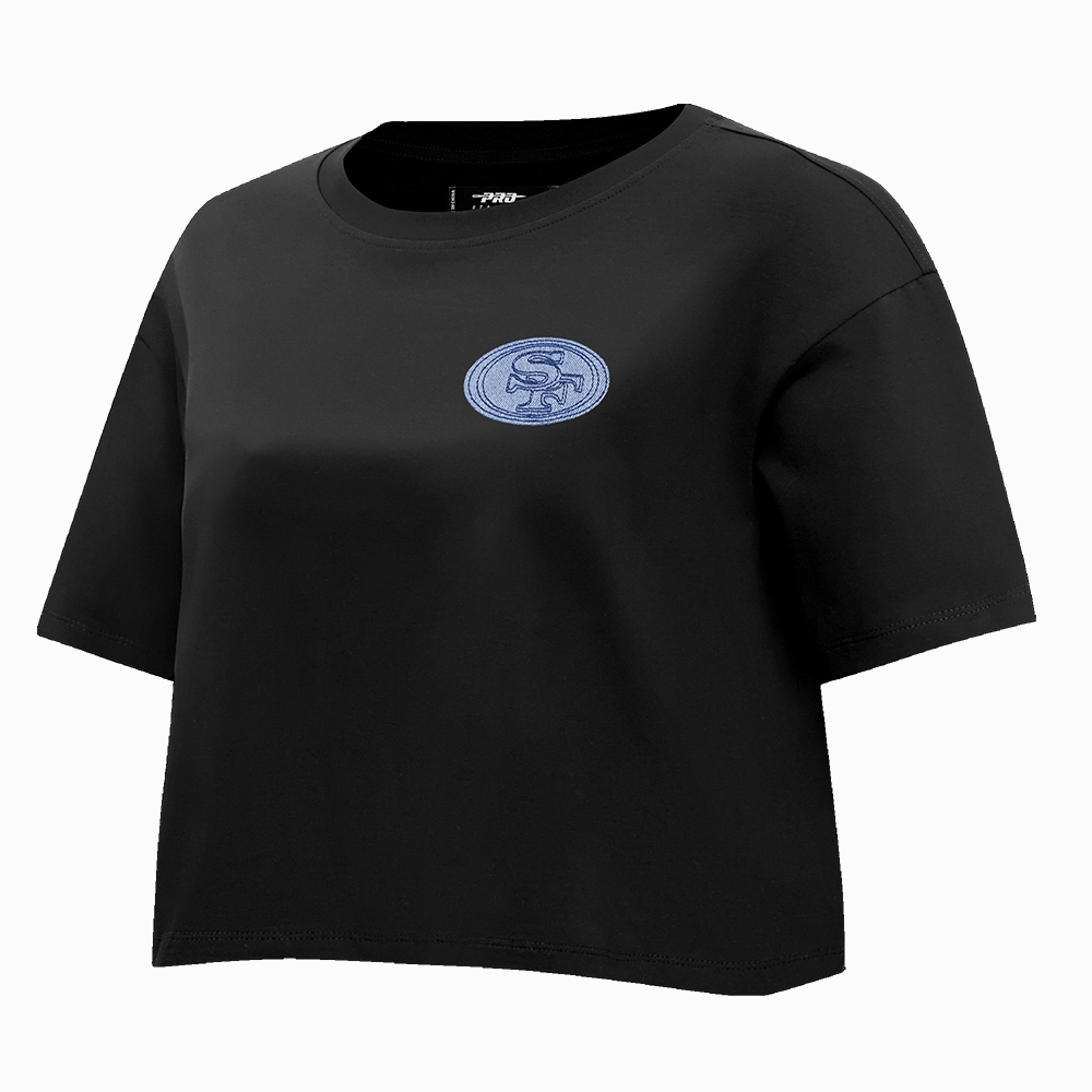 NFL SAN FRANCISCO 49ERS VARSITY BLUES WOMEN'S BOXY TEE (BLACK)