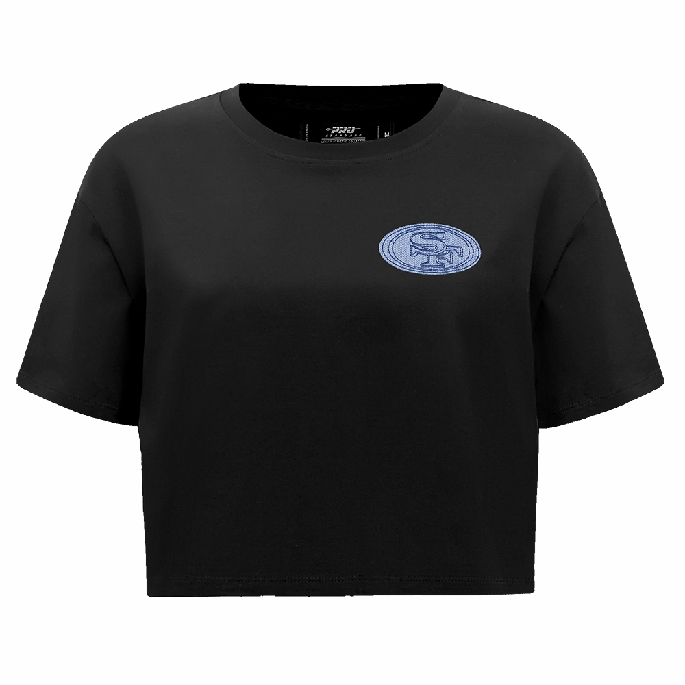 NFL SAN FRANCISCO 49ERS VARSITY BLUES WOMEN'S BOXY TEE (BLACK)