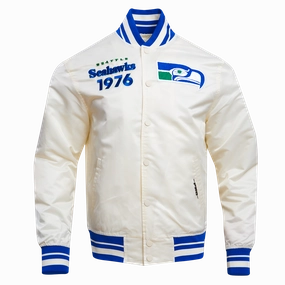NFL SEATTLE SEAHAWKS RETRO CLASSIC MEN'S RIB SATIN JACKET (EGGSHELL/ ROYAL BLUE)