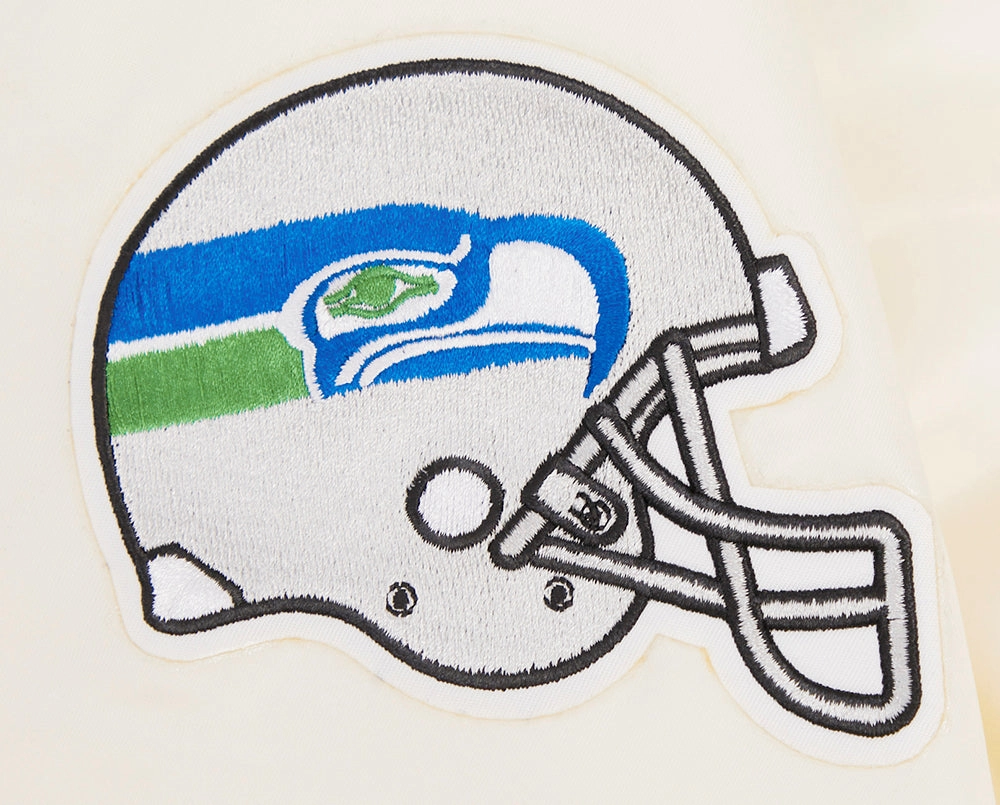 NFL SEATTLE SEAHAWKS RETRO CLASSIC MEN'S RIB SATIN JACKET (EGGSHELL/ ROYAL BLUE)