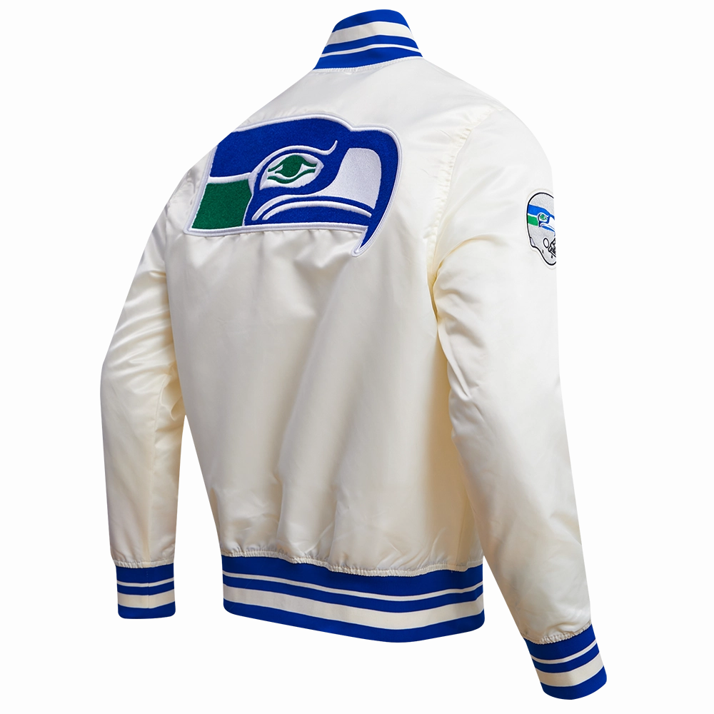 NFL SEATTLE SEAHAWKS RETRO CLASSIC MEN'S RIB SATIN JACKET (EGGSHELL/ ROYAL BLUE)