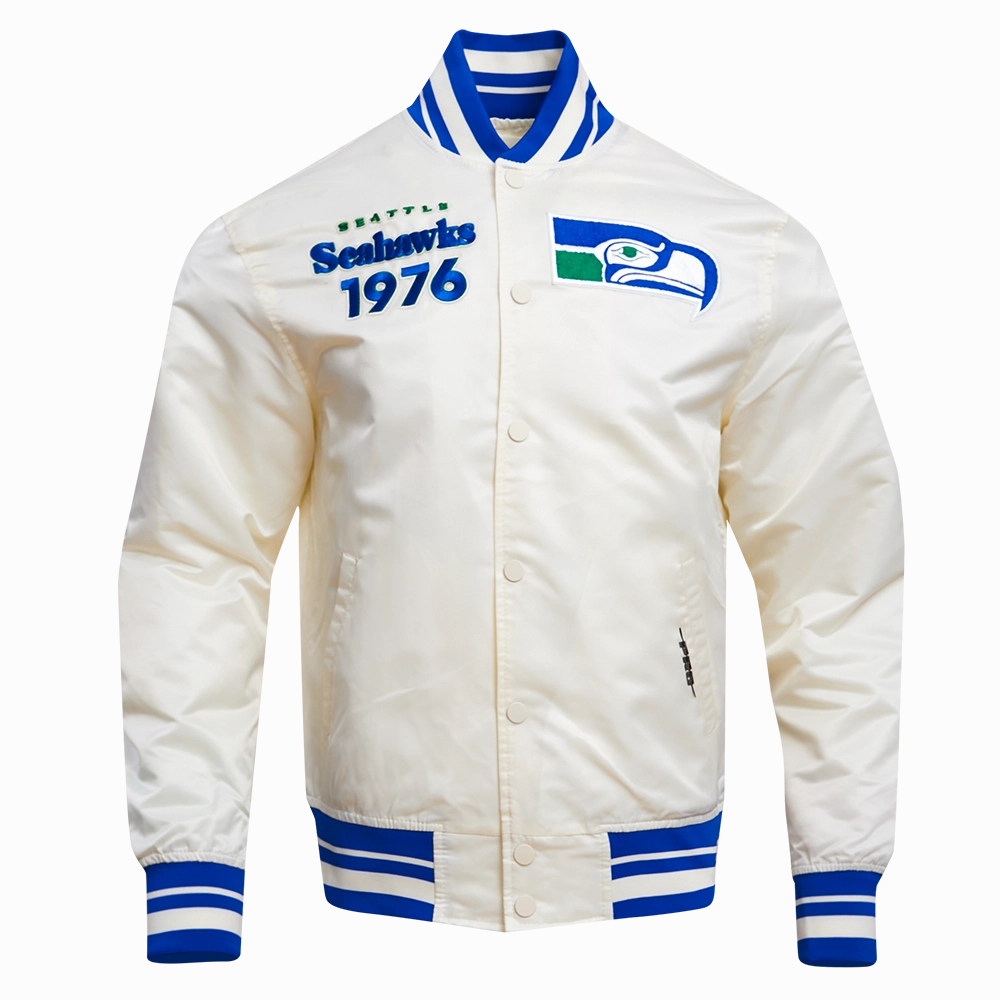 NFL SEATTLE SEAHAWKS RETRO CLASSIC MEN'S RIB SATIN JACKET (EGGSHELL/ ROYAL BLUE)