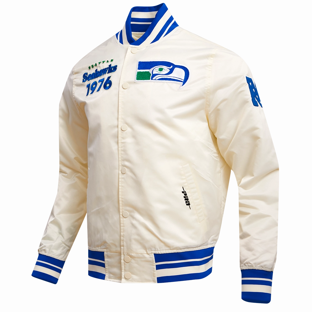 NFL SEATTLE SEAHAWKS RETRO CLASSIC MEN'S RIB SATIN JACKET (EGGSHELL/ ROYAL BLUE)