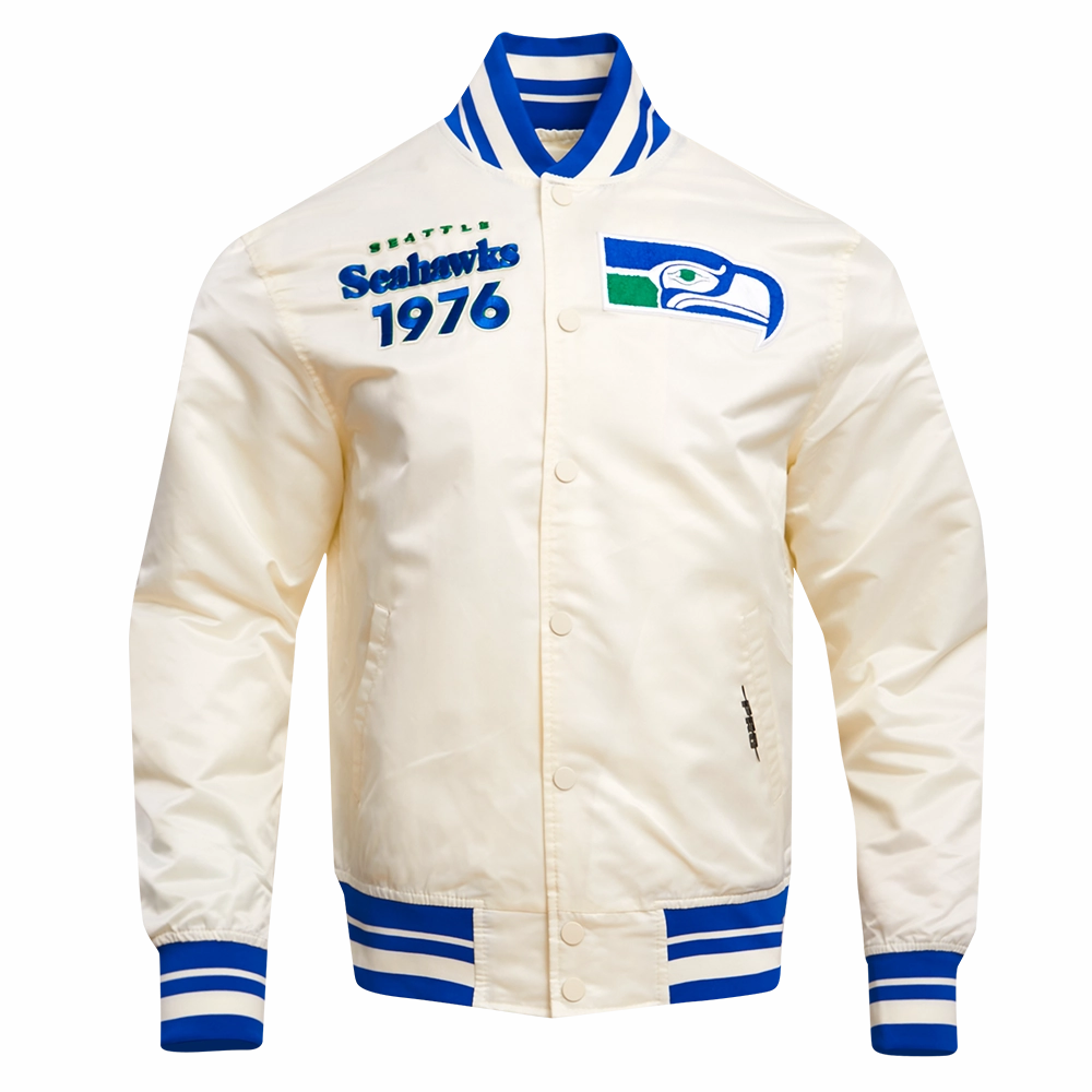NFL SEATTLE SEAHAWKS RETRO CLASSIC MEN'S RIB SATIN JACKET (EGGSHELL/ ROYAL BLUE)