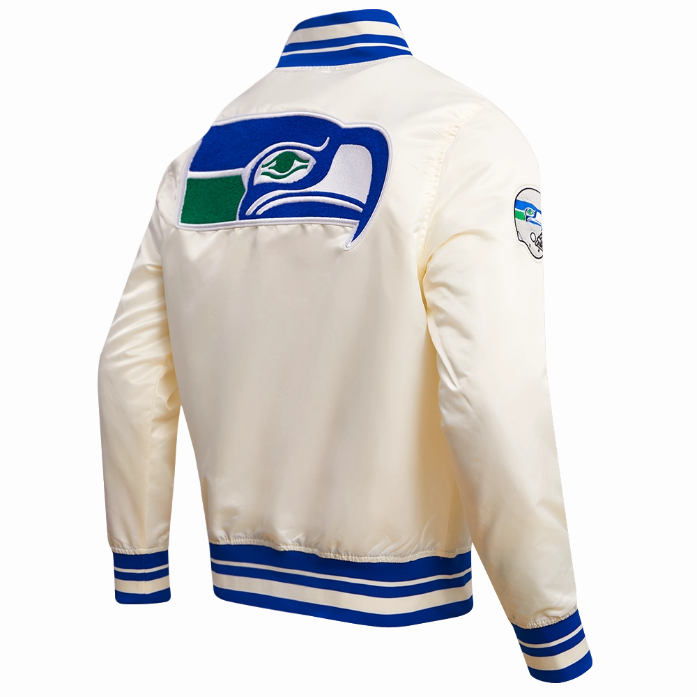 NFL SEATTLE SEAHAWKS RETRO CLASSIC MEN'S RIB SATIN JACKET (EGGSHELL/ ROYAL BLUE)