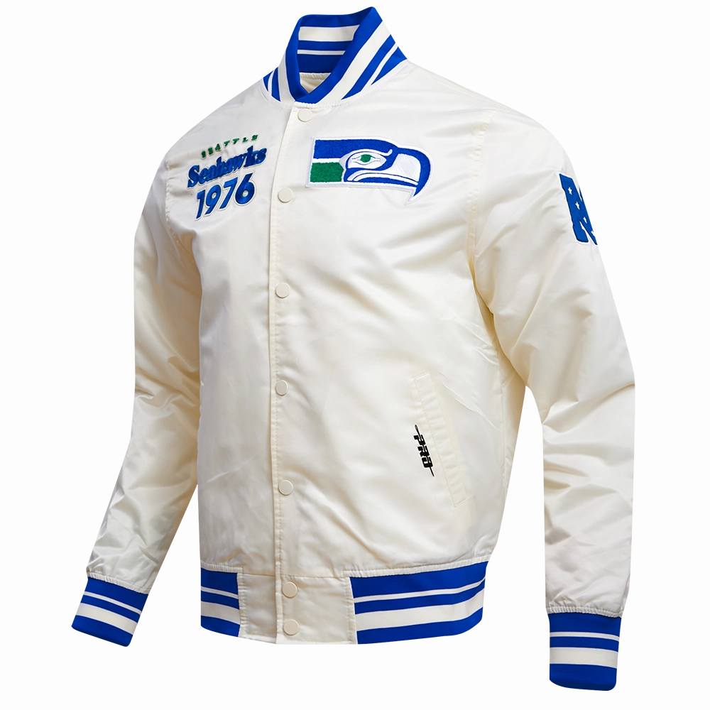 NFL SEATTLE SEAHAWKS RETRO CLASSIC MEN'S RIB SATIN JACKET (EGGSHELL/ ROYAL BLUE)