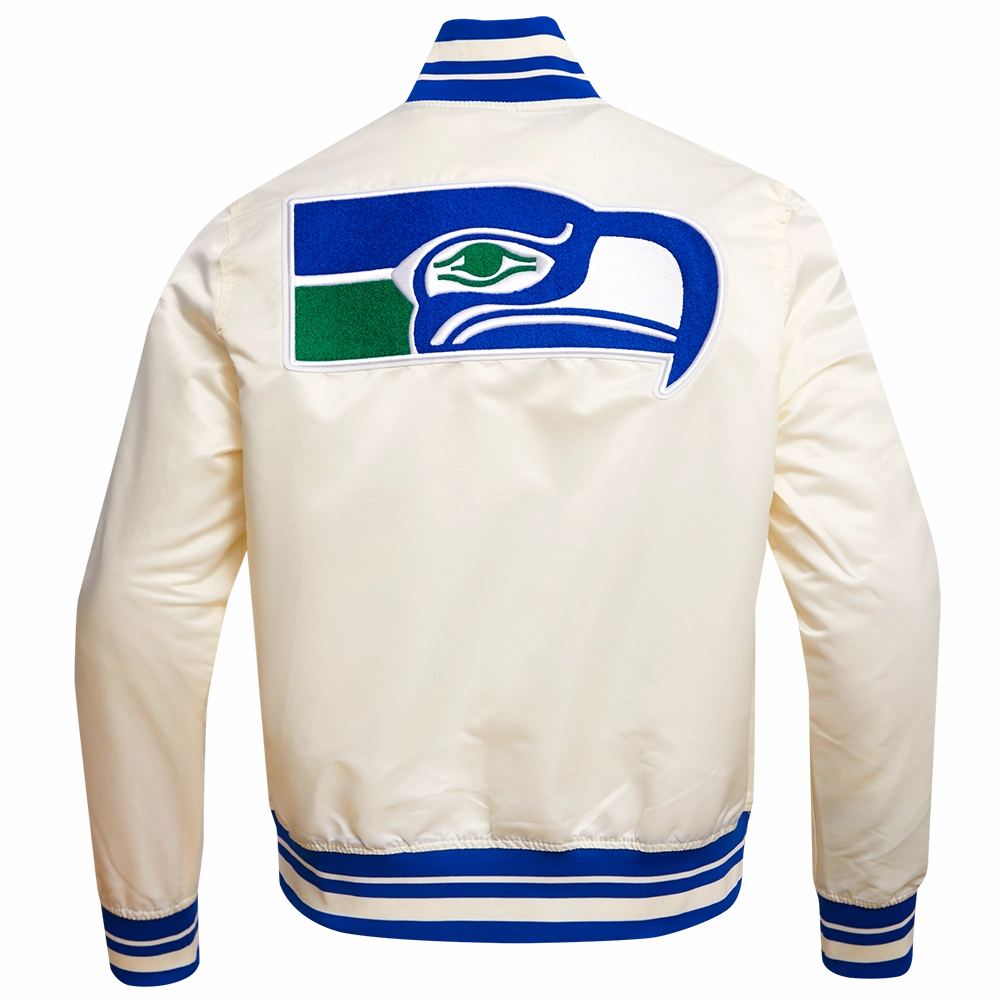 NFL SEATTLE SEAHAWKS RETRO CLASSIC MEN'S RIB SATIN JACKET (EGGSHELL/ ROYAL BLUE)