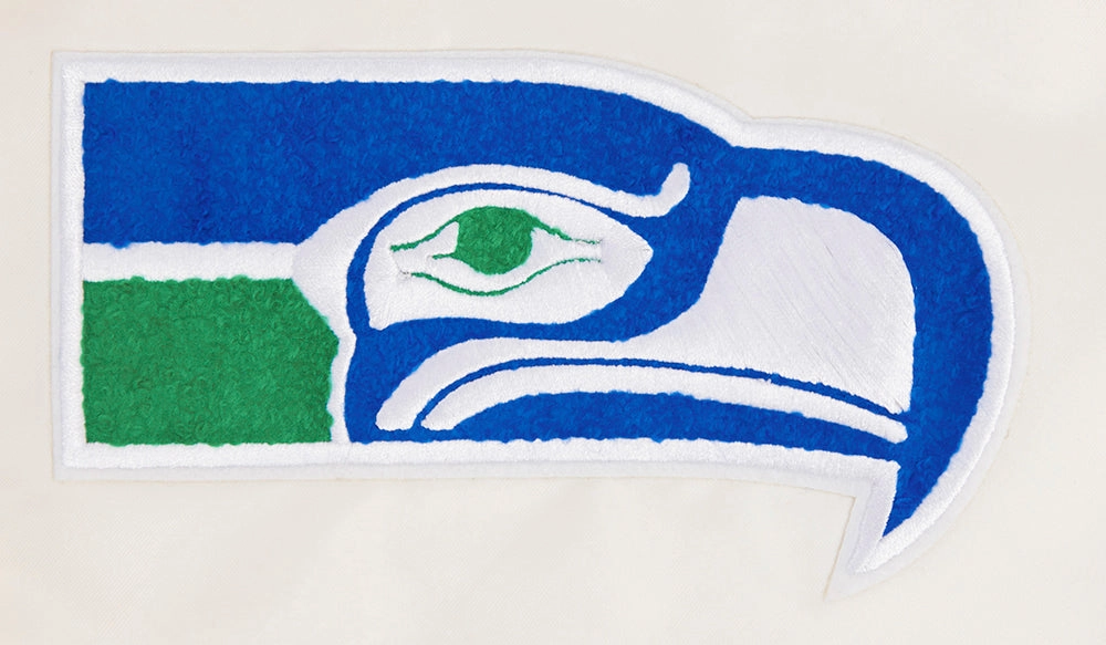 NFL SEATTLE SEAHAWKS RETRO CLASSIC MEN'S RIB SATIN JACKET (EGGSHELL/ ROYAL BLUE)