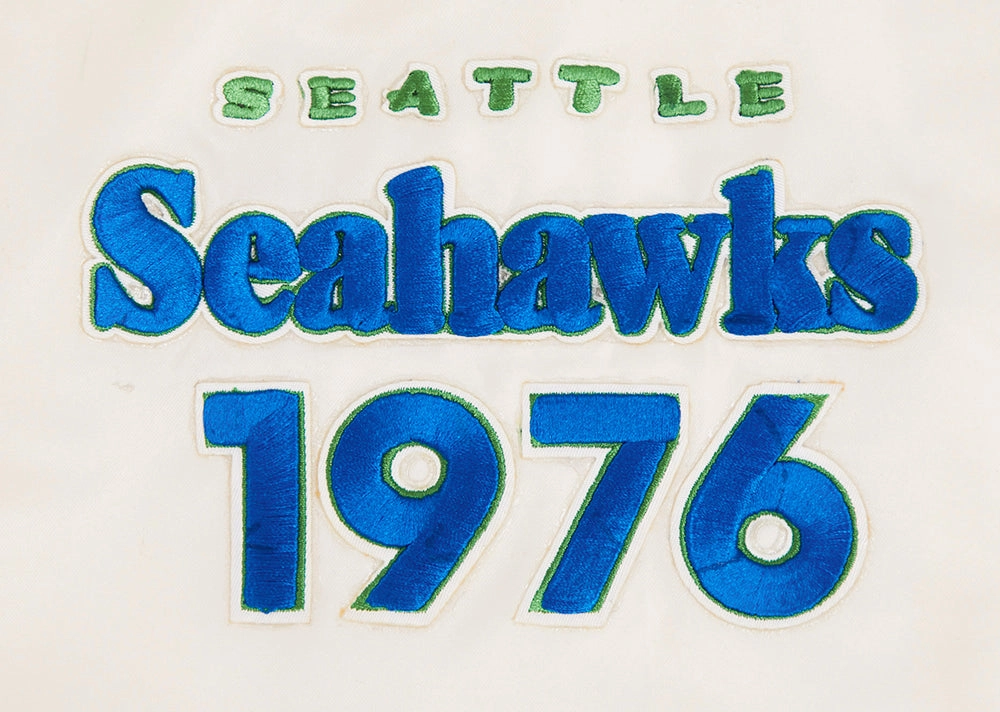 NFL SEATTLE SEAHAWKS RETRO CLASSIC MEN'S RIB SATIN JACKET (EGGSHELL/ ROYAL BLUE)