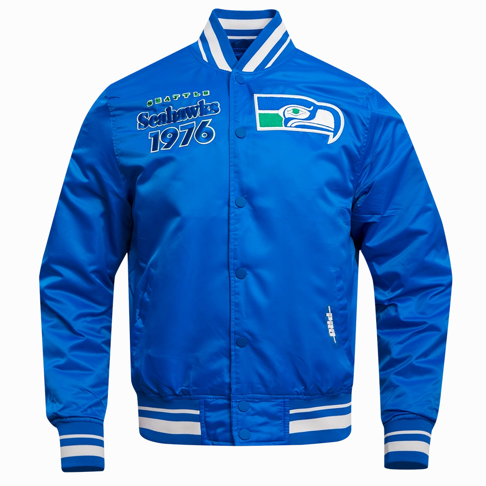 NFL SEATTLE SEAHAWKS RETRO CLASSIC MEN'S RIB SATIN JACKET (ROYAL BLUE)