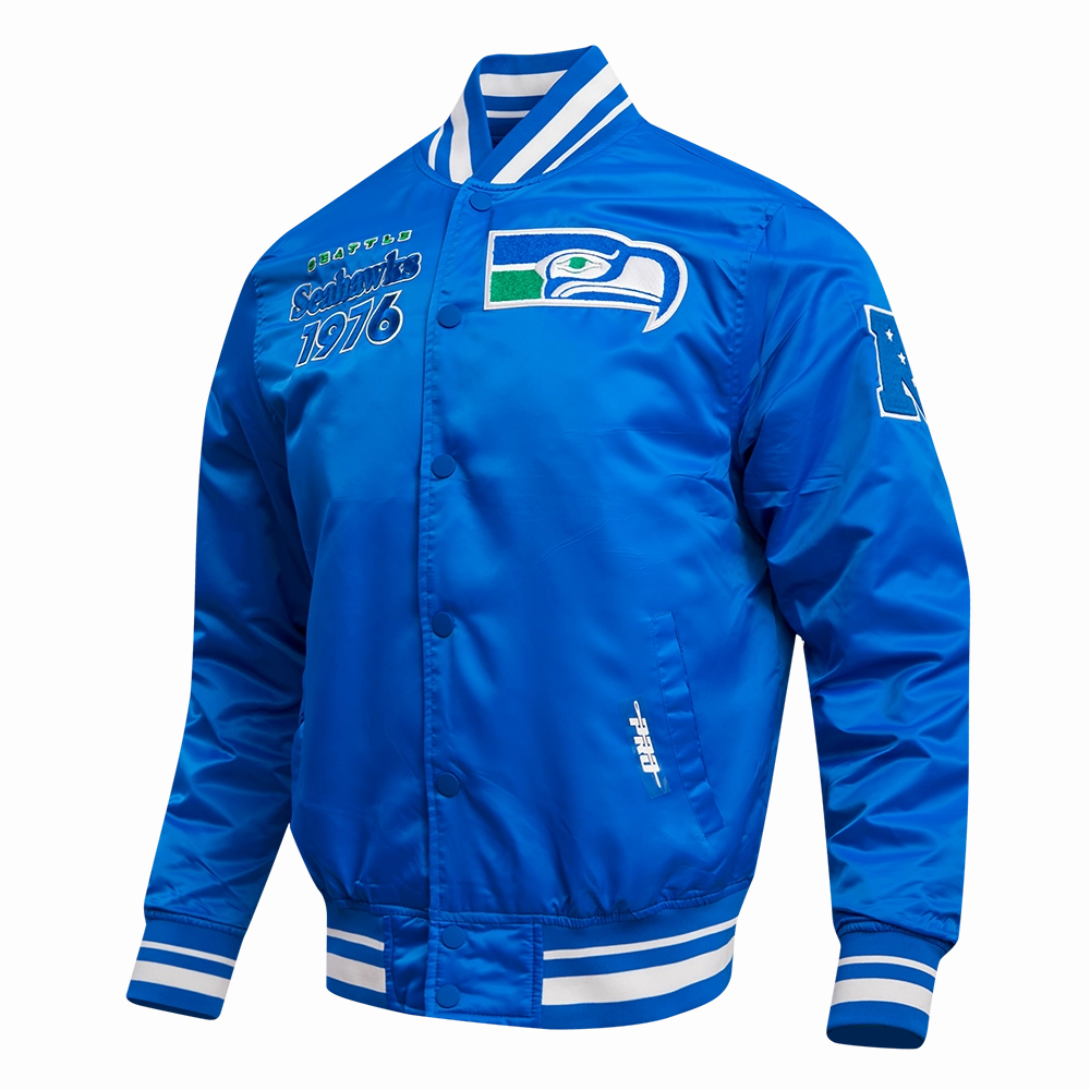 NFL SEATTLE SEAHAWKS RETRO CLASSIC MEN'S RIB SATIN JACKET (ROYAL BLUE)
