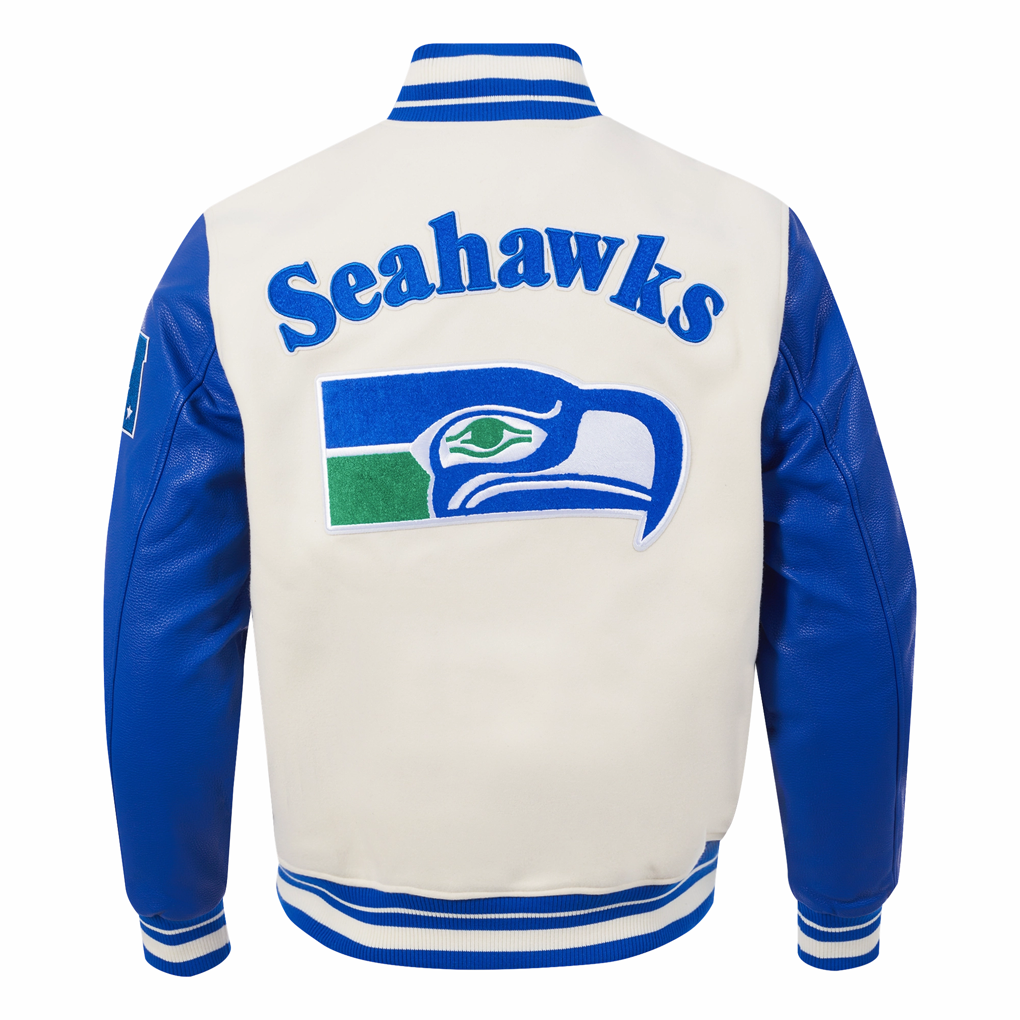 NFL SEATTLE SEAHAWKS RETRO CLASSIC MEN'S RIB WOOL VARSITY JACKET (EGGSHELL/ ROYAL BLUE)