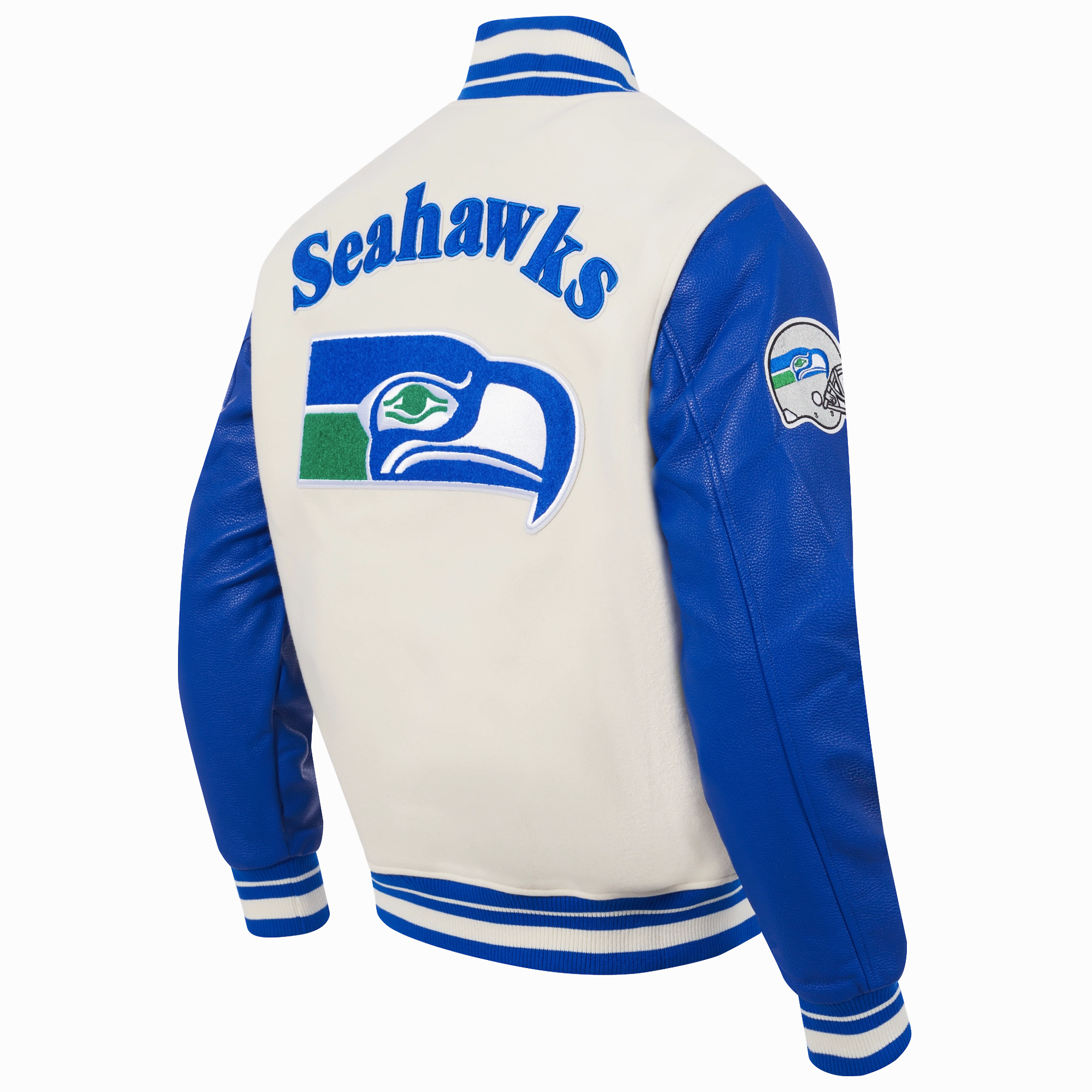 NFL SEATTLE SEAHAWKS RETRO CLASSIC MEN'S RIB WOOL VARSITY JACKET (EGGSHELL/ ROYAL BLUE)