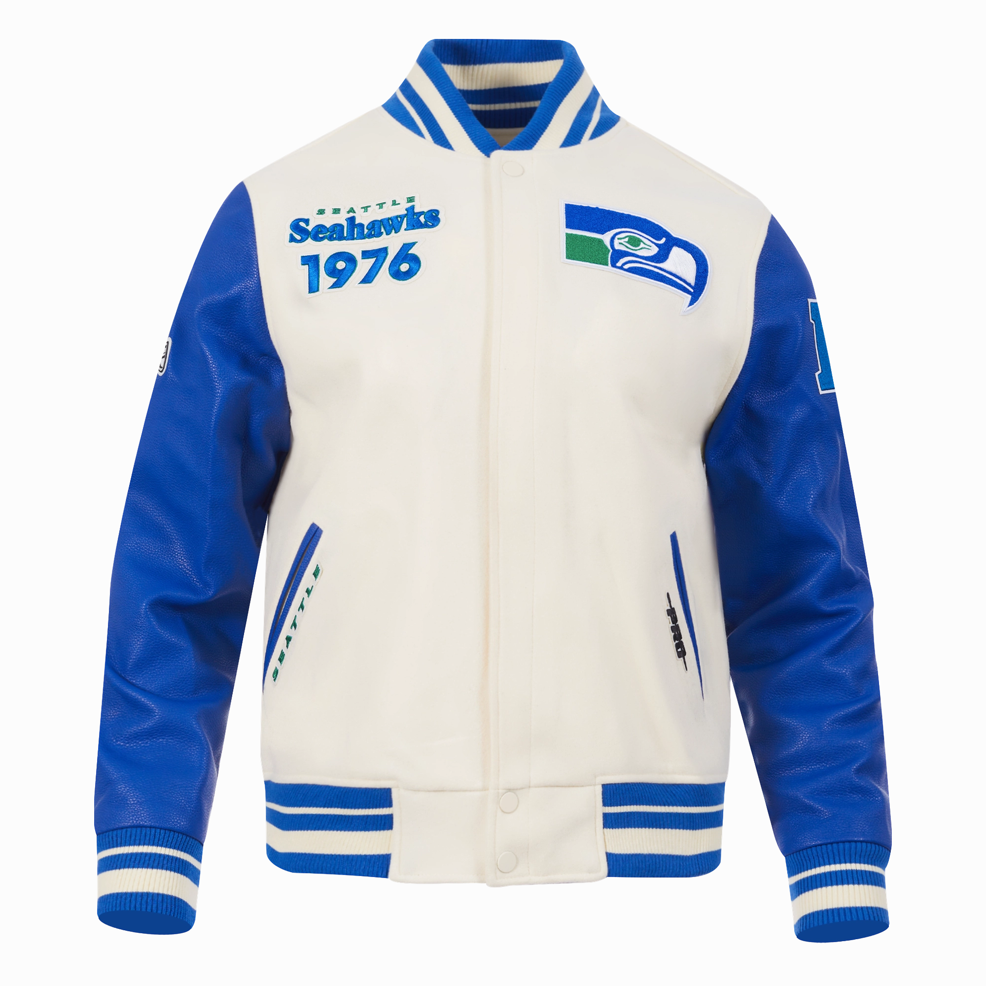 NFL SEATTLE SEAHAWKS RETRO CLASSIC MEN'S RIB WOOL VARSITY JACKET (EGGSHELL/ ROYAL BLUE)