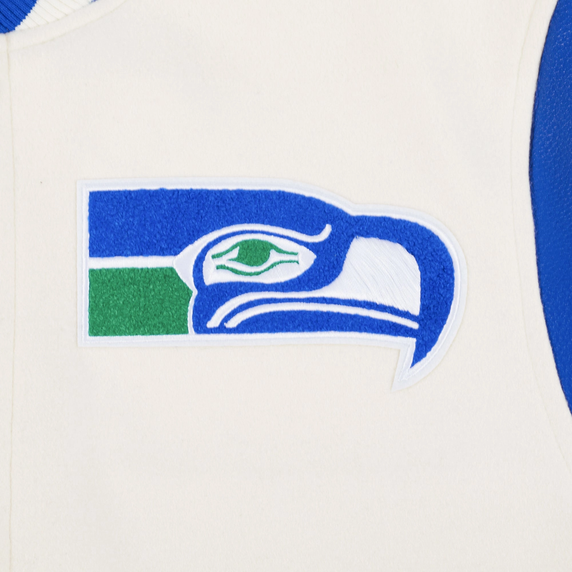 NFL SEATTLE SEAHAWKS RETRO CLASSIC MEN'S RIB WOOL VARSITY JACKET (EGGSHELL/ ROYAL BLUE)