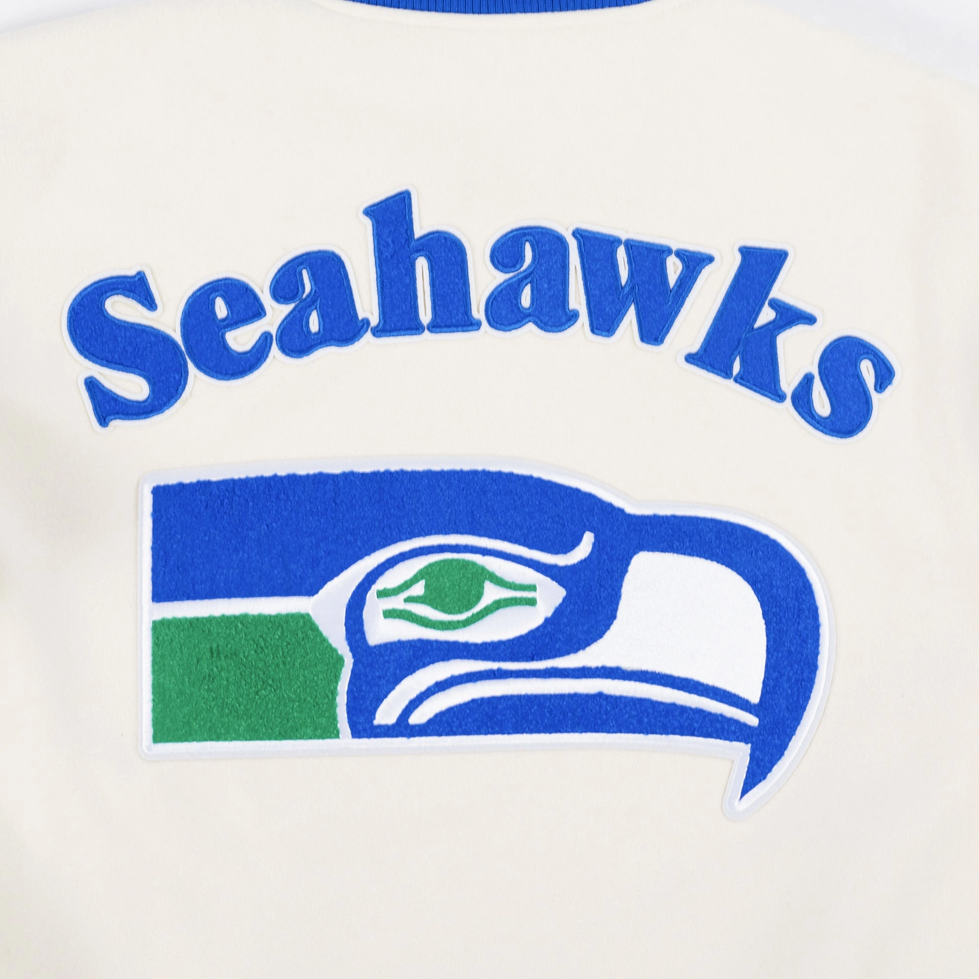 NFL SEATTLE SEAHAWKS RETRO CLASSIC MEN'S RIB WOOL VARSITY JACKET (EGGSHELL/ ROYAL BLUE)