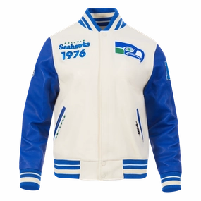 NFL SEATTLE SEAHAWKS RETRO CLASSIC MEN'S RIB WOOL VARSITY JACKET (EGGSHELL/ ROYAL BLUE)